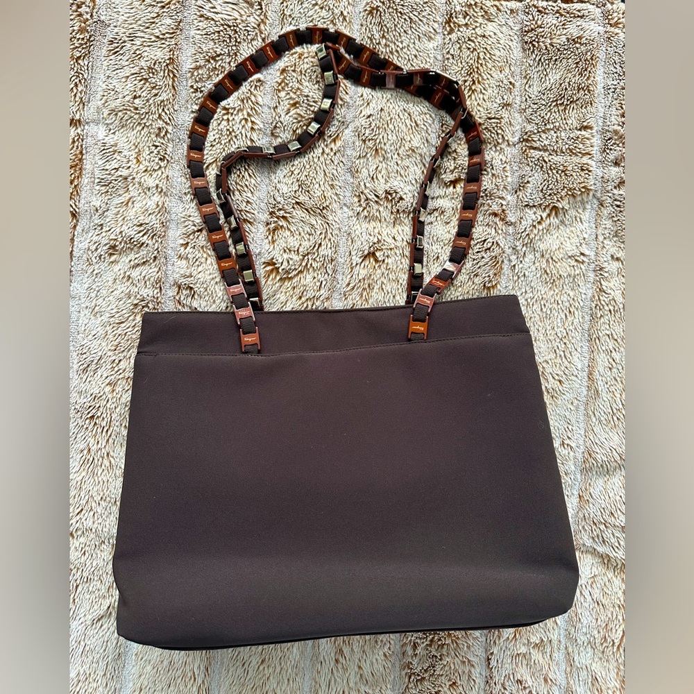 Salvatore Ferragamo Brown Tote Bag with Silver and Brown Chain